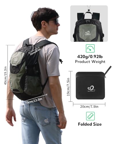 WATERFLY Lightweight Packable Hiking Backpack: 30L Foldable Travel Daypack Ultralight Camping Day Pack for Woman Man - color: Black & Grey