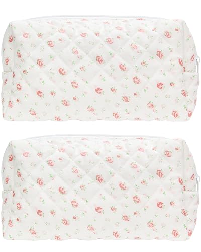 PAZIMIIK 2PCS SET Vintage Quilted Makeup Bag Cosmetic Pouch for Brushes Pencils and Travel Make Up Accessories for Women and Girls Gauze Rose - color: Gauze Rose, size: 2PCS