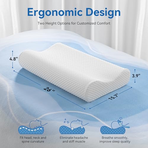 AM AEROMAX 26" Queen Size Contour Memory Foam Pillow, Cervical Pillow for Neck Pain Relief, Neck Orthopedic Sleeping Pillows for Side, Back and Stomach Sleepers - color: White, size: Queen Size
