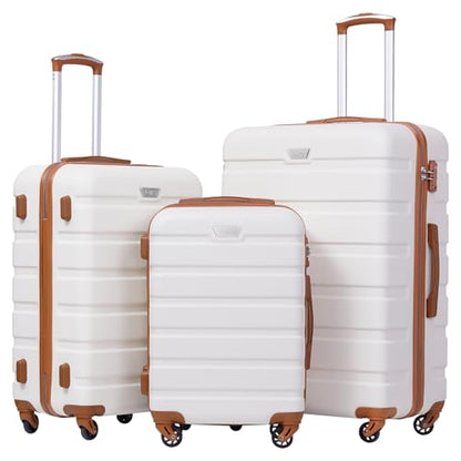 Coolife Luggage 3 Piece Set, Lightweight Durable Hardshell Suitcase set with 360° Spinner Wheels, TSA-approved Lock, Checked Family Travel Luggage sets, 20/24/28 Inch, Apricot White - color: Apricot White, size: 20in24in28in