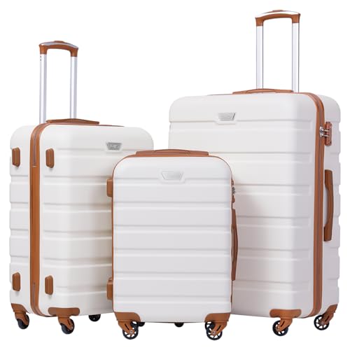 Coolife Luggage 3 Piece Set, Lightweight Durable Hardshell Suitcase set with 360° Spinner Wheels, TSA-approved Lock, Checked Family Travel Luggage sets, 20/24/28 Inch, Apricot White - color: Apricot White, size: 20in24in28in