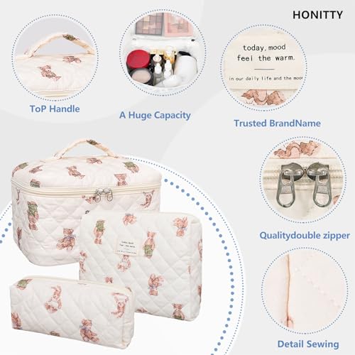 honitty Makeup Bag,Quilted Cosmetic Bag,Large Floral Make Up Bag for Women,Cotton Makeup Bag Set,Flower Travel Toiletry Bag - color: Bear