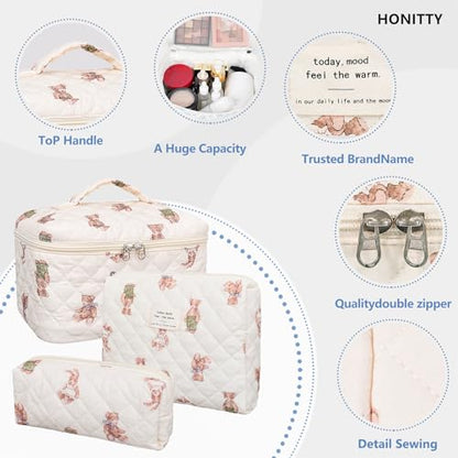 honitty Makeup Bag,Quilted Cosmetic Bag,Large Floral Make Up Bag for Women,Cotton Makeup Bag Set,Flower Travel Toiletry Bag - color: Bear