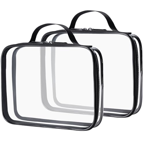 MODENGKONGJIAN TSA Approved Clear Toiletry Bag, 2 Pack Clear Quart Size Travel Makeup Cosmetic Bags with Handle Large Opening, Carry on Airport Airline Compliant Bag for Women Men (Black) - color: ST-Black(2Pack with handle+180° Open)