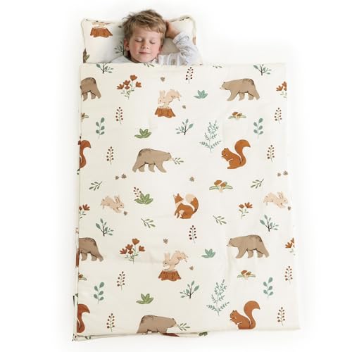 PHF Soft Toddler Nap Mat with Removable Pillow, Rollup Design Kids Sleeping Mat, Slumber Bags for Boys Girls, 50"x20" Toddler Sleeping Bag for Daycare Preschool Travel Camping, Woodland - color: Woodland