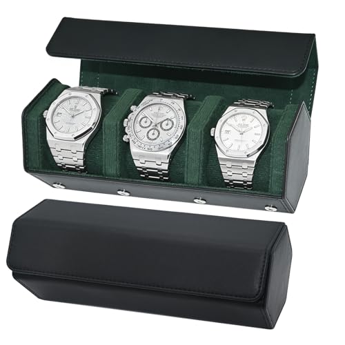 Leather Watch Roll for 3 Watches - Velvet-Lined Travel Case, Luxury Watch Rolls Organizer with Storage & Display for Men (3 Slot-Black Green) - color: 3 Slot-Black Green