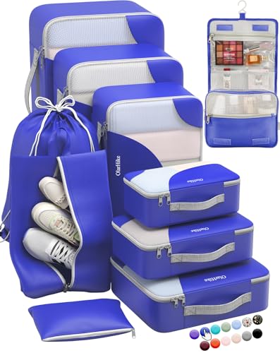 ALL INCLUDED 10 Set Durable Packing Cubes for Suitcases,OlarHike Essentials for Travel, UPGRADED Anti-Tear Stitching, NEW Improved Luggage Packing Organizers for Travel Accessories (Klein Blue) - color: 17 - Blue