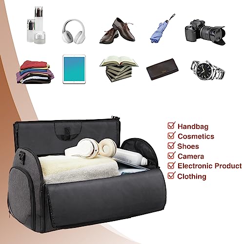 Garment Bag for Travel, Convertible Carry-On Duffel with Shoe Compartment, Waterproof & Wrinkle-Free Suit Carrier for Business Trips & Weekend Getaways, Foldable & Lightweight - color: Grey Black