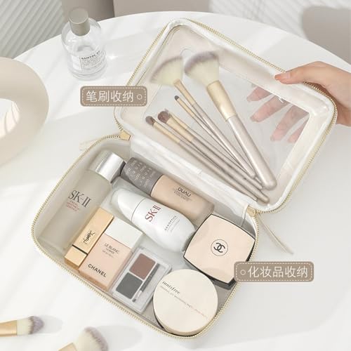 Clear and Waterproof Makeup Bag Portable Travel Cosmetic Case Organizer for Women Toiletry Pouch with Transparent Vinyl Windows & Zippers (White) - color: White