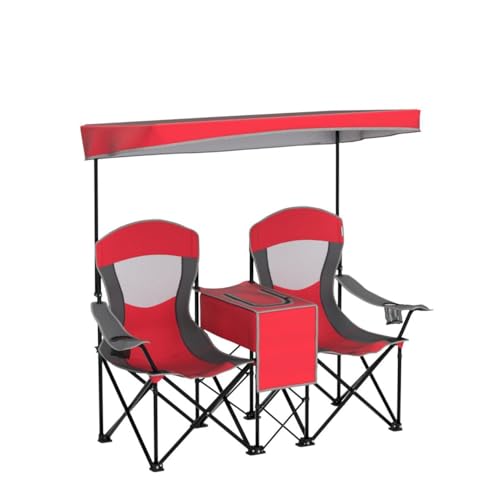 S AFSTAR Double Camping Chair w/Shade Canopy, 2-Person Folding Camp and Beach Chair with Mini Table Beverage Cup Holder Carrying Bag, Collapsible Camping Chairs for Garden Patio Pool Beach - color: Red