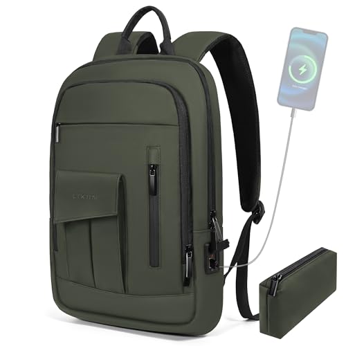 Business Backpack for Men Slim Lightweight Laptop Backpack for 17.3 Inch Computer Water Resistant Small Office Backpack for Commute Travel Daily Office Work with Small Bag (Green, 17.3") - color: Green, size: 17.3", style: With Pocket