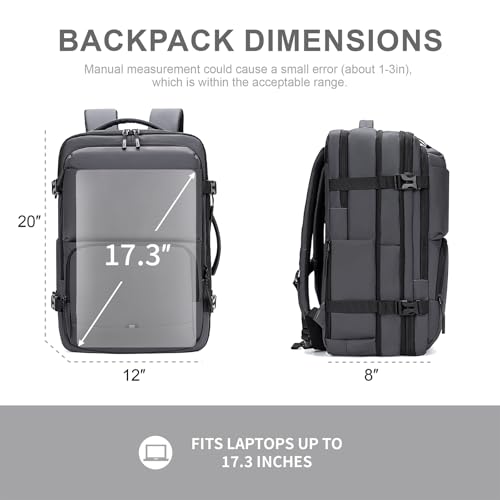 BAGOK Carry On Travel Backpack, 35L-40L Expandable Extra Large Airline Approved,Lightweight Daypack for Men and Women（Gray） - color: Gray, size: Large