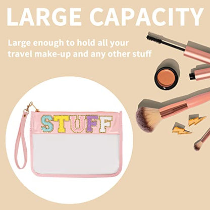Iqimott Chenille Letter Stuff Bag Clear Flat Pouch, Monogram Glitter Letter Patch Makeup Cosmetic Bag Zipper Toiletry Pouch, Portable Travel Beach Snack Wristlet Bags for Women Girls(Stuff, Pink) - color: Stuff-Pink