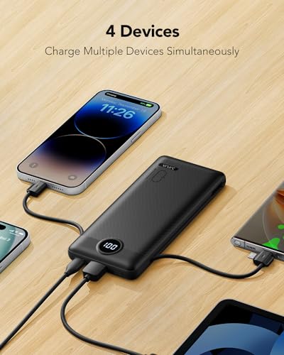 Portable Charger,Power Bank Built-in Cables and AC Wall Plug,VRURC USB C Portable Bank 10000mAh,Travel Essentials Phone Charger Compact Lightweight External Battery Pack for Smart Phones,Tablets-Black - color: Black