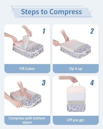 Narwey 6 Set Compression Packing Cubes for Travel Women Men, Travel Cubes for Carry On Suitcase, Durable Compression Luggage Organizer Bags - color: Y-Blue Leaf