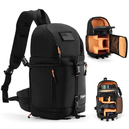 Vogano Camera Sling Bag for Photographers - Waterproof Single-Shoulder Camera Case with Adjustable Dividers, Rain Cover & Side Tripod Pocket - color: 2.0 Black