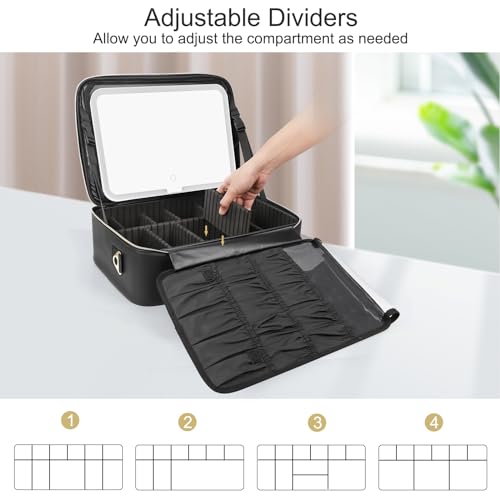Relavel Makeup Case Large Makeup Bag with LED Mirror, Professional Train Case 16.2 inch, Travel Cosmetic Organizer Brush Holder Waterproof Makeup Artist Storage Box with Adjustable Strap - color: with led mirror black, size: Large