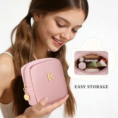 Personalized Birthday Gifts for Women - Initial Makeup Bag Set Travel Toiletry Bag Cosmetic Bags Soft Waterproof PU Leather Makeup Pouch Travel Essentials (K, 1pc Pink) - size: 1pc Pink, style: K