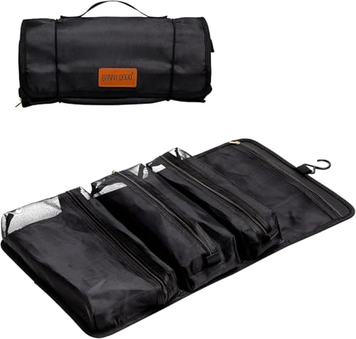 BONNY DODO Toiletry Travel Bag Can Hanging Large Roll-Up Makeup Organizer Bag with 3 Detachable Transparent Mesh Folding Cosmetic Travel Bags for Women & Men Black Toiletries Organizer Bag - size: Large