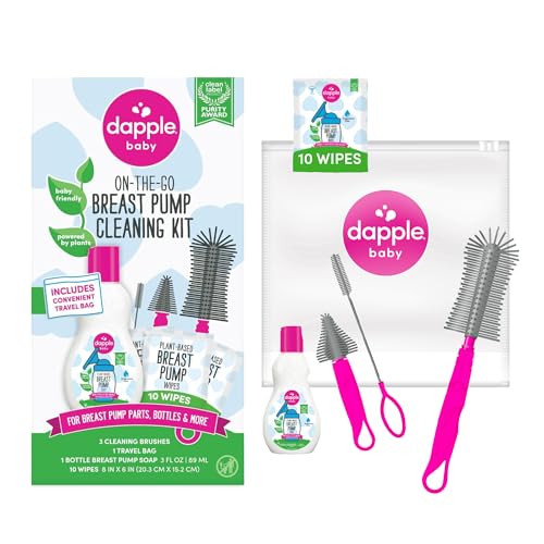 Dapple Breast Pump Cleaning Kit, 3 Baby Bottle Cleaning Brushes, Hypoallergenic & Powered by Plants, Removes Milk Residue, Leaves No Taste, 3oz Soap, 10ct Wipes 3 Cleaning Brushes