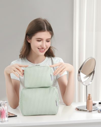 Narwey Striped Makeup Bag Travel Cosmetic Bag Organizer Toiletry Bag Make Up Bags with Compartments for Women Girls (Large, Mint Green Stripe) - color: A-Mint Green Stripe, style: Large