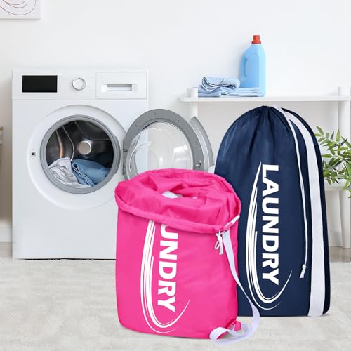 Sylfairy 2 Pack XL Laundry Bag with Strap,Heavy Duty Travel Laundry Bag,Rip-Stop Dirty Clothes Shoulder Bag with Drawstring,Easy Fit a Laundry Hamper or Basket Travel Essentials - color: Rose red+Navy blue