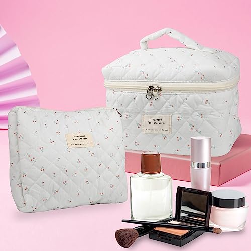 NATINSA Cute Makeup Bag for Women(2 Pcs), Travel Cosmetic Bags, Quilted Coquette Aesthetic Floral Toiletry Organizer Bag (Cherry) - color: Cherry
