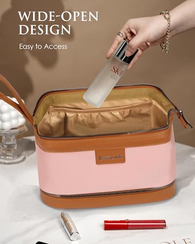 Double-Layer Toiletry Bag, Water-Resistant Hybrid Leather Cosmetic Organizer with Wet/Dry Compartments, 26x15x16cm, Pink - color: Pink