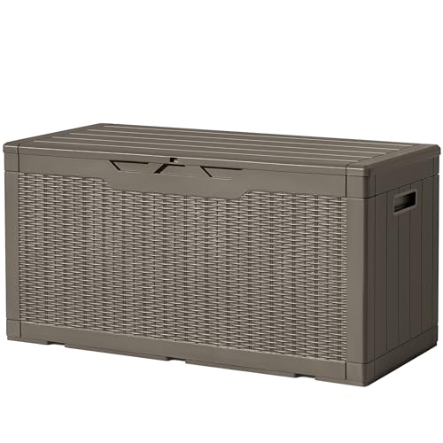 Devoko 97 Gallon Deck Box, Waterproof Resin Outdoor Storage Box for Outside and Patio, Large Outdoor Storage Bench Cabinet Lockable for Patio Furniture, Garden Tools and Pool Supplies (Brown) - color: Brown, size: 97 Gallon 1 Pack