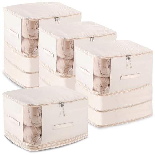 4 Pack Space Saving Comforter Storage Bag with Handle, 3-Layer Compression Blanket Storage Bags Adjustable In 3 Sizes (142L, 107L, 71L), Washable Bedding Organizer For Pillow Duvet Clothing Plush Toy - color: Beige, size: 4 Pack