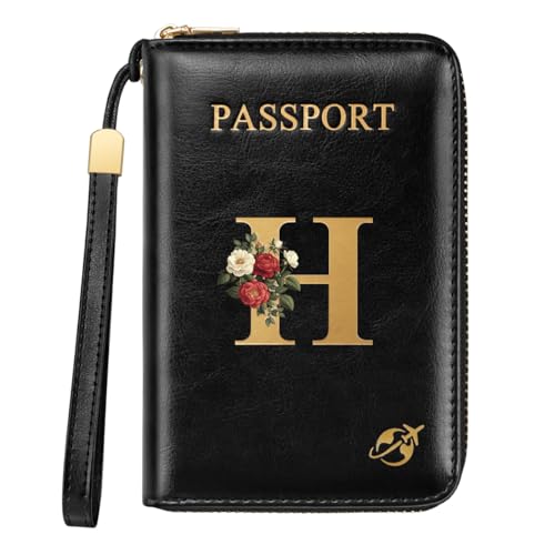 Passport Holder for Travel Wallet Women Zipper Wallets Personalized Passport Holder Cover Initial Letter Rose Flower Passport Book Holders RFID Blocking Credit Card Holder, H - color: Black, size: H