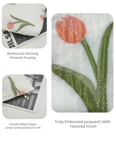 2-Pack Tulip Print Makeup Bag Set - White Fabric Cosmetic Organizer Pouches (1 Large + 1 Small) for Daily & Travel Use - color: B05-tulip