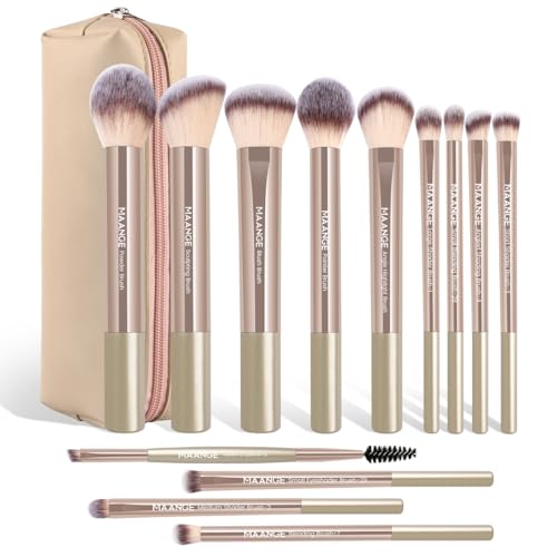 MAANGE 13 PCS Makeup Brushes Professional Make Up Brushes Premium Synthetic Powder Concealers Brushes Travel Makeup Brush Set with Case (Champagne) - color: Champagne