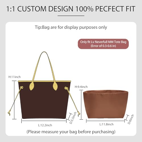 Soft Nylon Purse Organizer Insert for Lv Neverfull MM Tote Bag, Waterproof Lightweight with Laptop Compartment Luxury Neverfull MM Organizer, Tote Handbags Divider Shaper with Cup Holder Insert,Brown - color: Brown