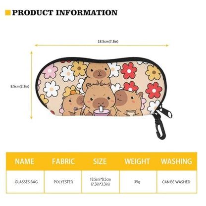 AFPANQZ Glasses Case with Carabiner Hanging Portable Neoprene Zipper Sunglasses Case Soft Lightweight - color: Capybara Hippie Flower