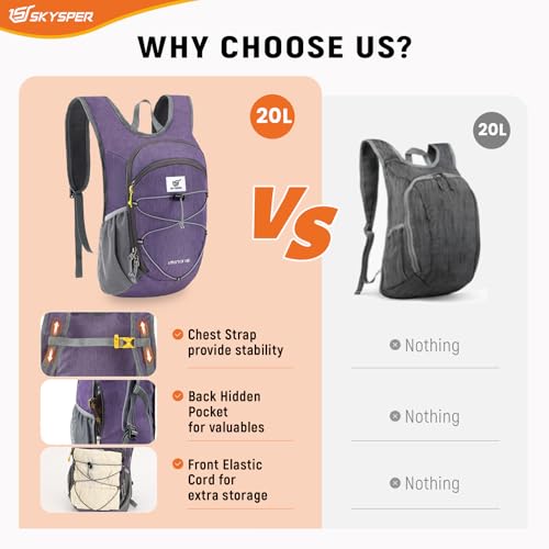 SKYSPER 15L/20L Foldable Hiking Backpack Lightweight Packable Travel Daypack with Chest Strap Small Folding Pack for Walking - color: Purple, size: 20l