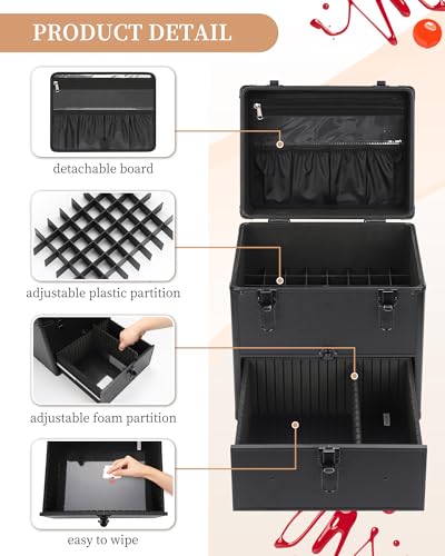 Professional Nail Polish Organizer & Storage Case, Double Layer Travel Nail Supplies Container Holds 96 Bottles & Full Size Nail Lamp, Multi-functional Aluminum Box for Nail Tech, Tattoo & Makeup