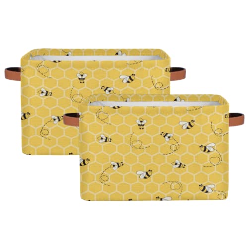 2Pack Yellow with Bees Large Collapsible Storage Bins,Honey Honeycombs Decorative Canvas Fabric Storage Boxes Organizer with Handles,Rectangular Shelves Baskets Box for Home Office Nursery Closet - color: Honeycombs Bee