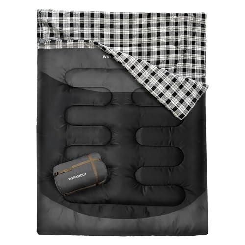 Double Sleeping Bag for Adults Machine Washable 2 Person Camping Sleeping Bag Queen Size Waterproof with Compression Sack for Cold Weather 3-4 Seasons - color: GREY