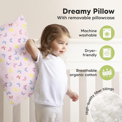 KeaBabies Organic Toddler Pillow with Pillowcase, Jumbo 14X20 - Soft Cotton Toddler Pillows for Sleeping - Machine Washable - Perfect for Travel, Toddler Bed Set (Flutter) - color: Flutter