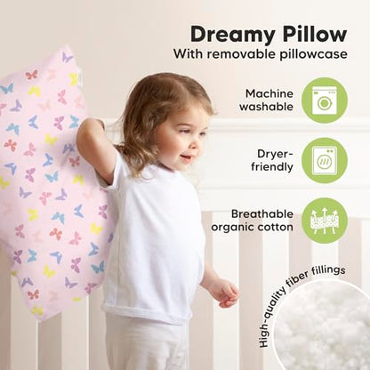 KeaBabies Organic Toddler Pillow with Pillowcase, Jumbo 14X20 - Soft Cotton Toddler Pillows for Sleeping - Machine Washable - Perfect for Travel, Toddler Bed Set (Flutter) - color: Flutter