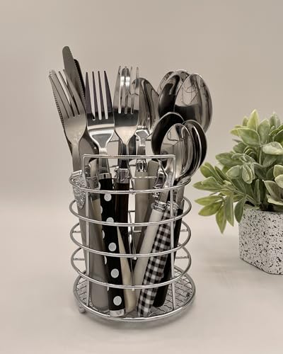 The Original Brink House Eclectic Black & White Mix & Match Stainless Steel Cutlery Set / 16 pieces with Metal Stand/Lifestyle utensils set for home, first apartment, dorm, dinner parties - color: Eclectic Black & White