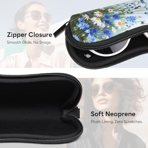Sunglasses Case with Belt Clip, Ultra Light Neoprene Zipper Soft Padded Glasses Case for Women Men - color: Daisy