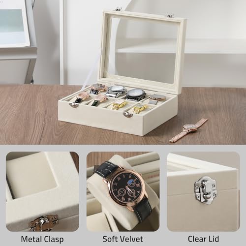 Frebeauty 4-Slot Watch Box,Velvet Watch Case with Glass Lid,Watch Organizer Box for Men and Women,Lockable Watch Storage,Watch Display Case,Ideal Gift(Beige) - color: Beige, size: 4 Slots