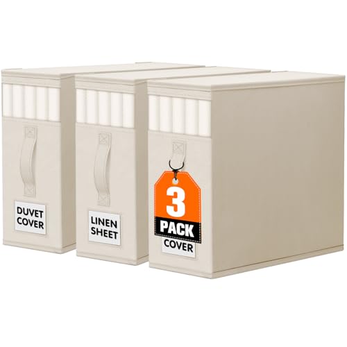 WOWBOX Sheet Organizers and Storage,Closet Bed Sheet Organizer Under Bed Storage and Organization with Label Cards & Clear Window for Bedding Sheets,Duvet Covers,Blankets (3 Pack，Beige) - color: Beige, size: 3 Pack