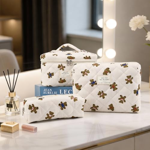 3PCS Coquette Makeup Bag,Quilted Cosmetic Bag Large Make Up Bag Set,Quilted Portable Toiletry Organizer Bag,Cotton Travel Skincare Bag for Women Girls (03-Brown Bear) - style: 03-brown Bear