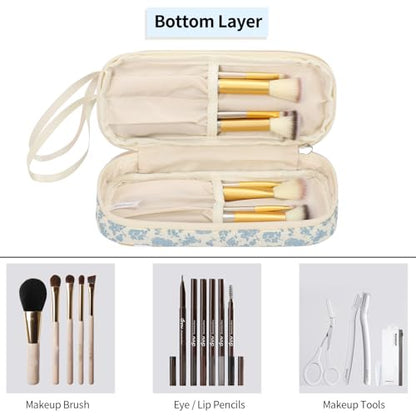 Ethereal Small Makeup Bag, 2 Layers Travel Make up Organizer Bag with Makeup Brush Holder, Portable Cosmetic Bag for Women/Girls, Blue Flower - color: 02-blue flower