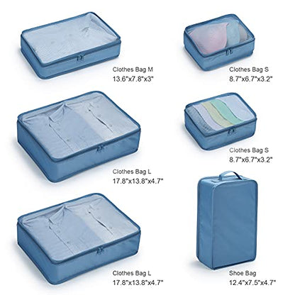 Mossio 6 Set Packing Cubes with Shoe Bag - Lightweight Travel Luggage Suitcase Organizers - color: Sea Blue