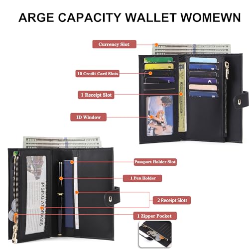 yiijay Wallet Women RFID Blocking Multi Cards Wallet Credit Card Holder for Women Large Capacity Lady Leather Trifold Travel Wallet with Pen Holder - color: 2Beige&Black