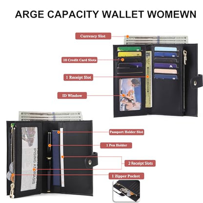 yiijay Wallet Women RFID Blocking Multi Cards Wallet Credit Card Holder for Women Large Capacity Lady Leather Trifold Travel Wallet with Pen Holder - color: 2Beige&Black